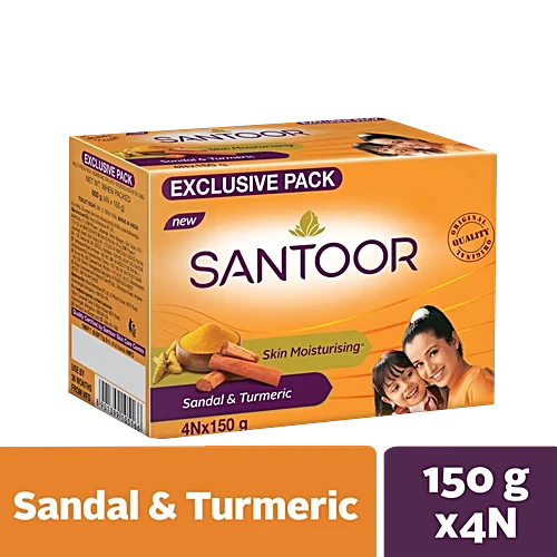 Santoor Skin Moisturising Sandal & Turmeric Bathing Soap, 150 g (Pack of 4)