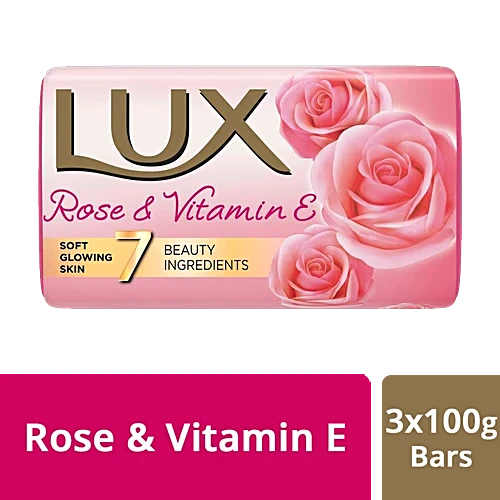 Lux Rose & Vitamin E Soap Bar, For Soft Glowing Skin with 7 Beauty Ingredients, 100 g (Pack of 3)