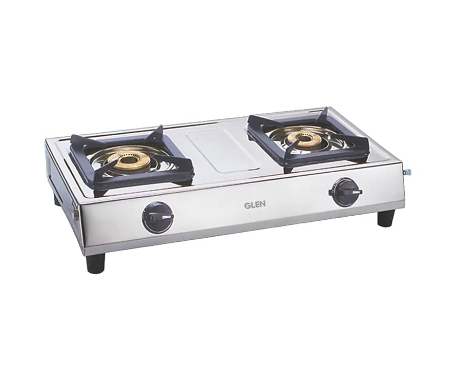Glen Stainless Steel LPG Stove 1020 Brass Burner - Silver : 2 Burner