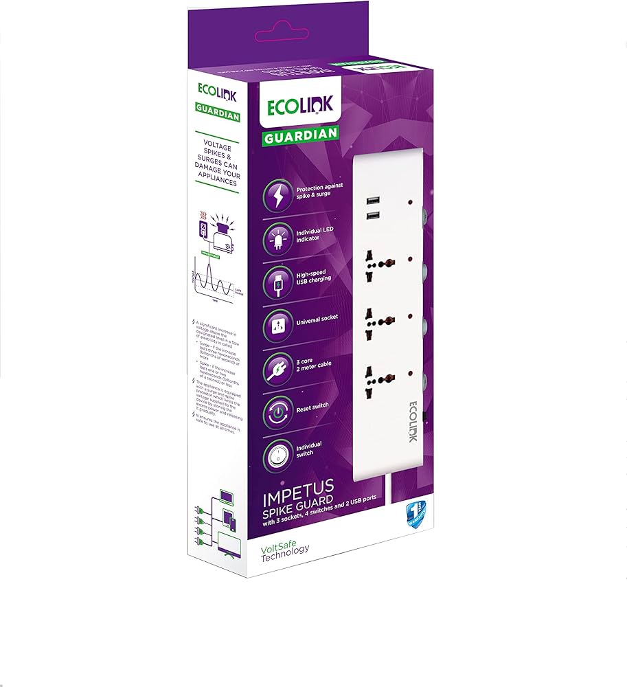 Ecolink Spike Guard Extension Board + 2USB (Length-1.5M) White : 1 Unit