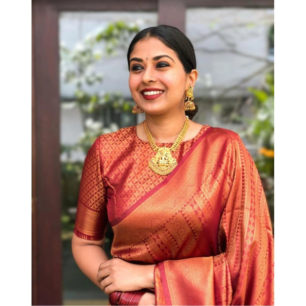 Litchi silk Printed Saree With Unstitched Blouse (Red)