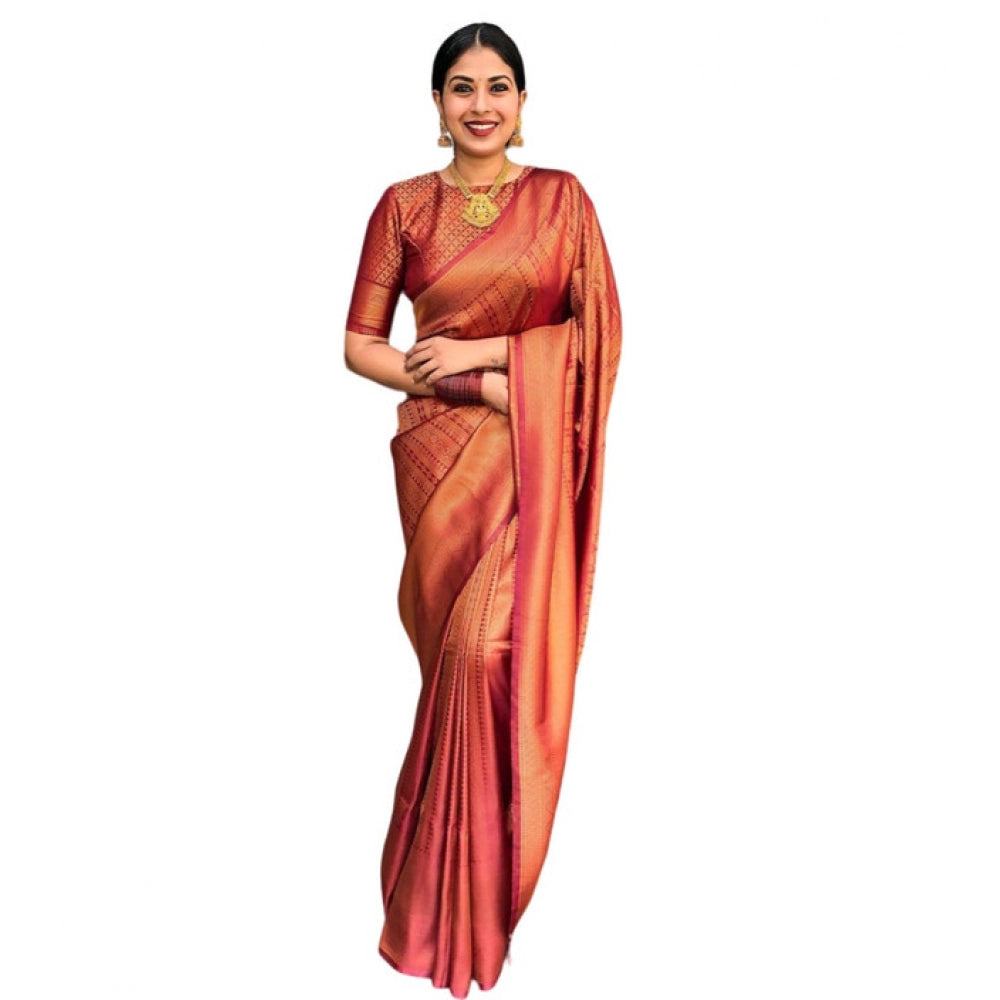 Litchi silk Printed Saree With Unstitched Blouse (Red)