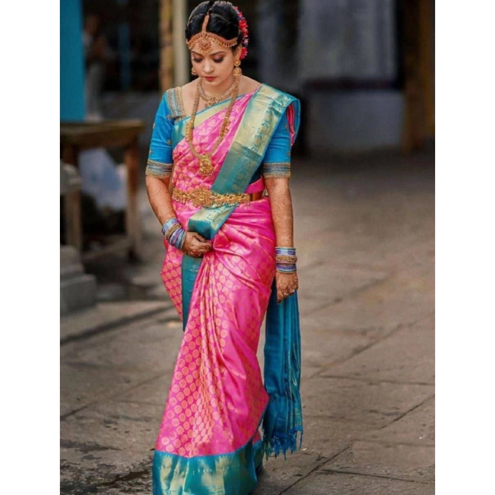 Litchi silk Printed Saree With Unstitched Blouse (Pink)