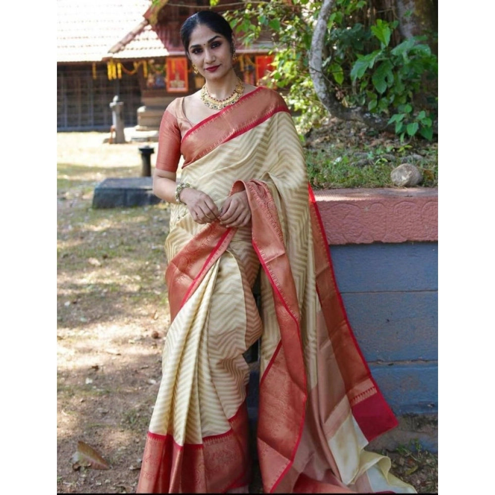 Litchi silk Printed Saree With Unstitched Blouse (Beige)