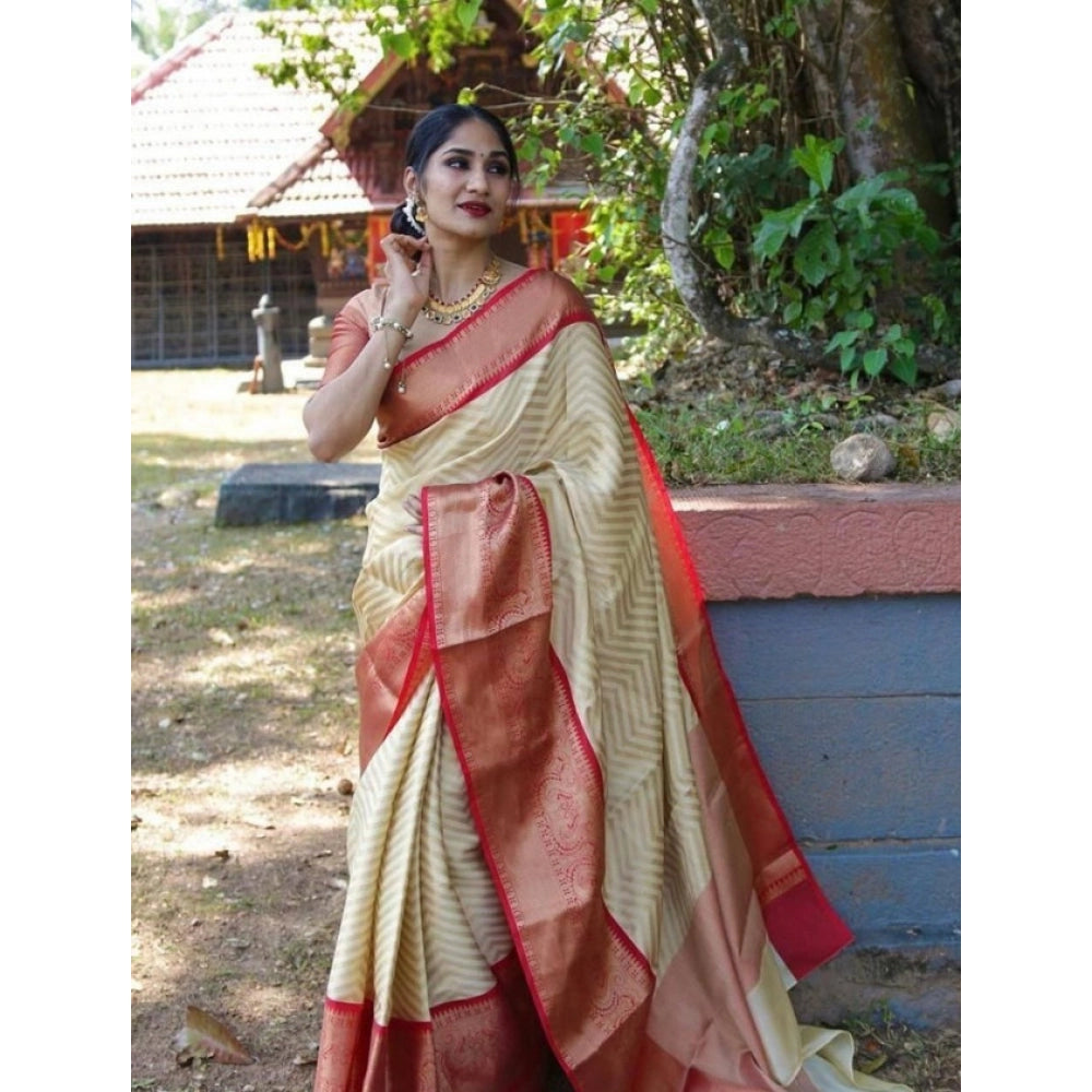 Litchi silk Printed Saree With Unstitched Blouse (Beige)