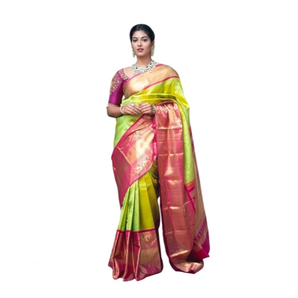 Litchi silk Printed Saree With Unstitched Blouse (Green)