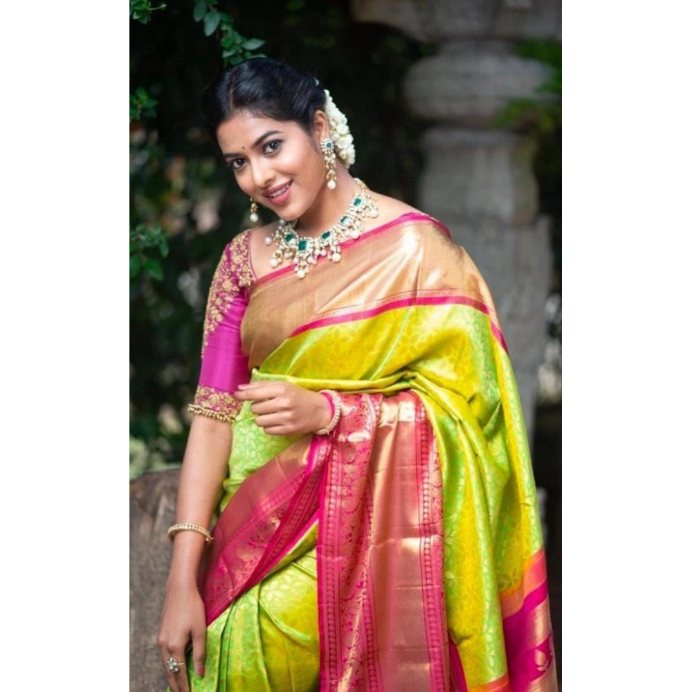 Litchi silk Printed Saree With Unstitched Blouse (Green)