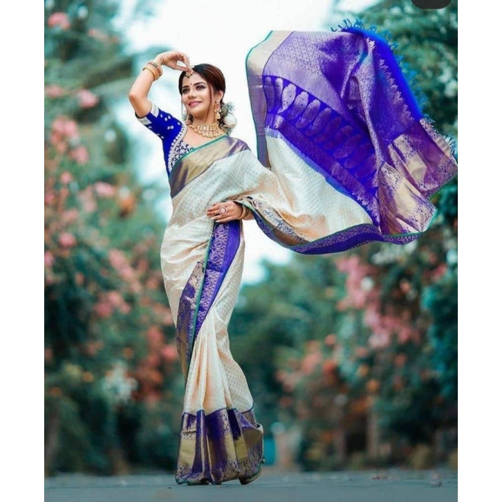 Litchi silk Printed Saree With Unstitched Blouse (Off White)