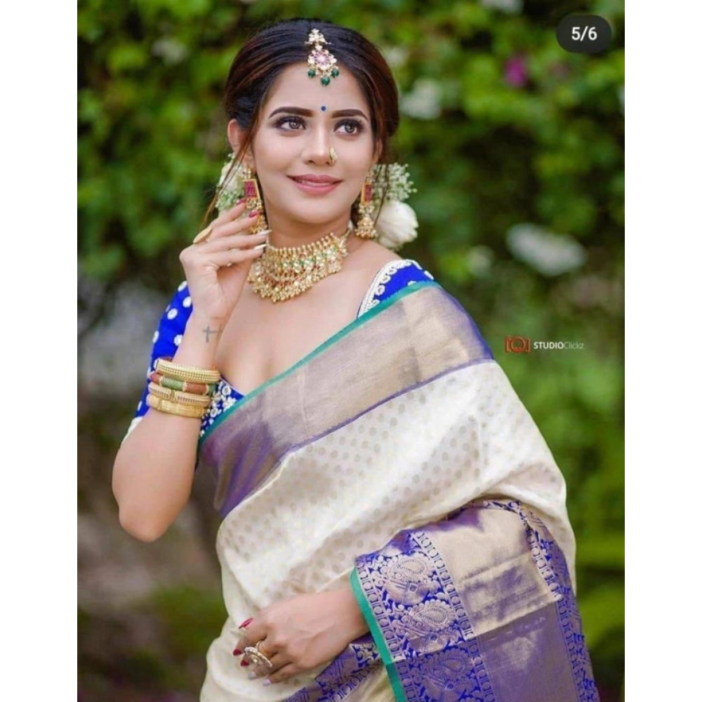 Litchi silk Printed Saree With Unstitched Blouse (Off White)