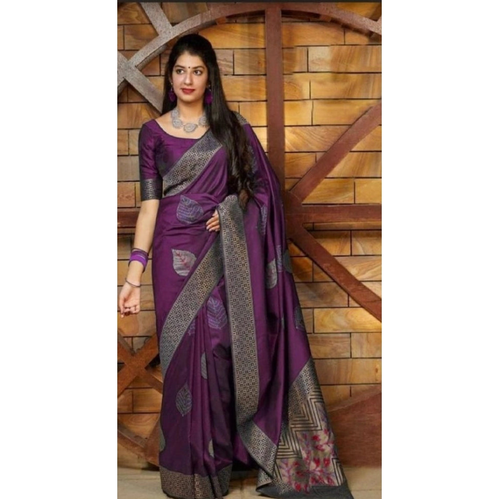 Litchi silk Printed Saree With Unstitched Blouse (Purple)