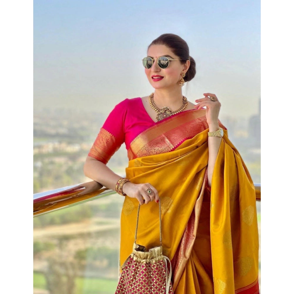 Litchi silk Printed Saree With Unstitched Blouse (Yellow)