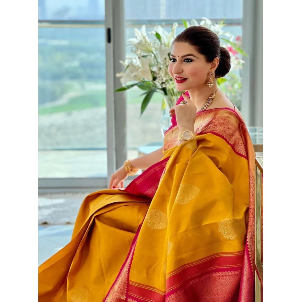 Litchi silk Printed Saree With Unstitched Blouse (Yellow)