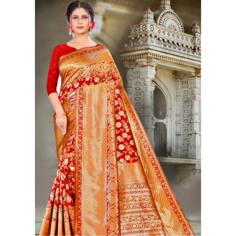 Litchi silk Printed Saree With Unstitched Blouse (Red)