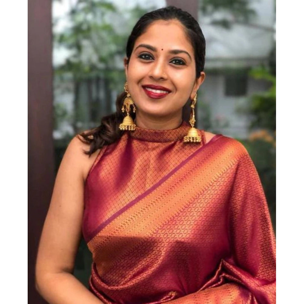 Litchi silk Printed Saree With Unstitched Blouse (Red)