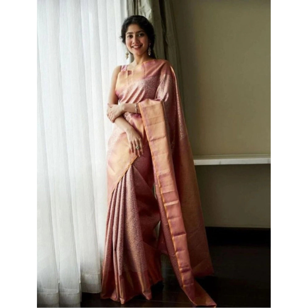 Litchi silk Printed Saree With Unstitched Blouse (Light Pink)