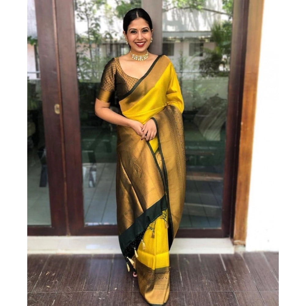 Litchi silk Printed Saree With Unstitched Blouse (Yellow)