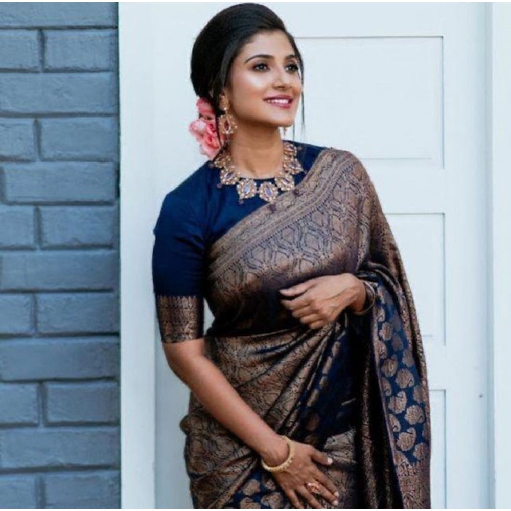 Litchi silk Printed Saree With Unstitched Blouse (Blue)