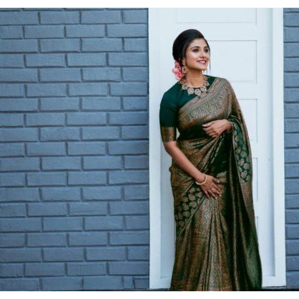 Litchi silk Printed Saree With Unstitched Blouse (Green)