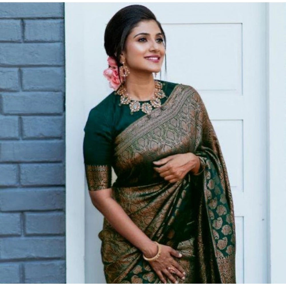 Litchi silk Printed Saree With Unstitched Blouse (Green)