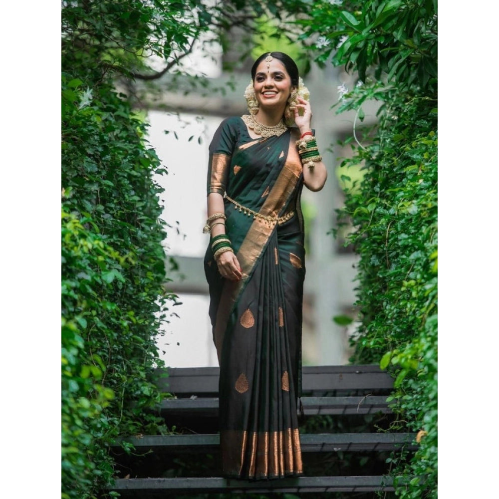 Litchi silk Printed Saree With Unstitched Blouse (Green)