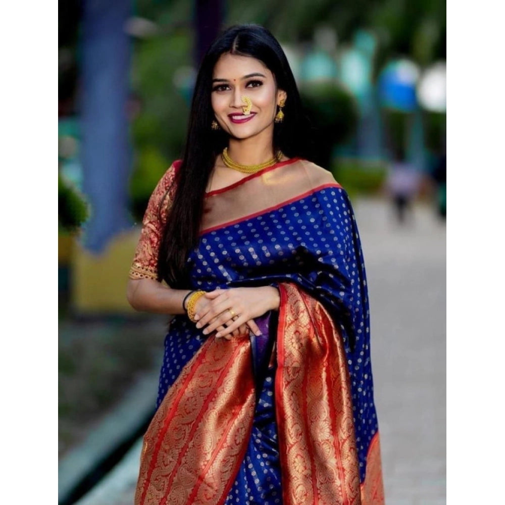 Litchi silk Printed Saree With Unstitched Blouse (Blue)