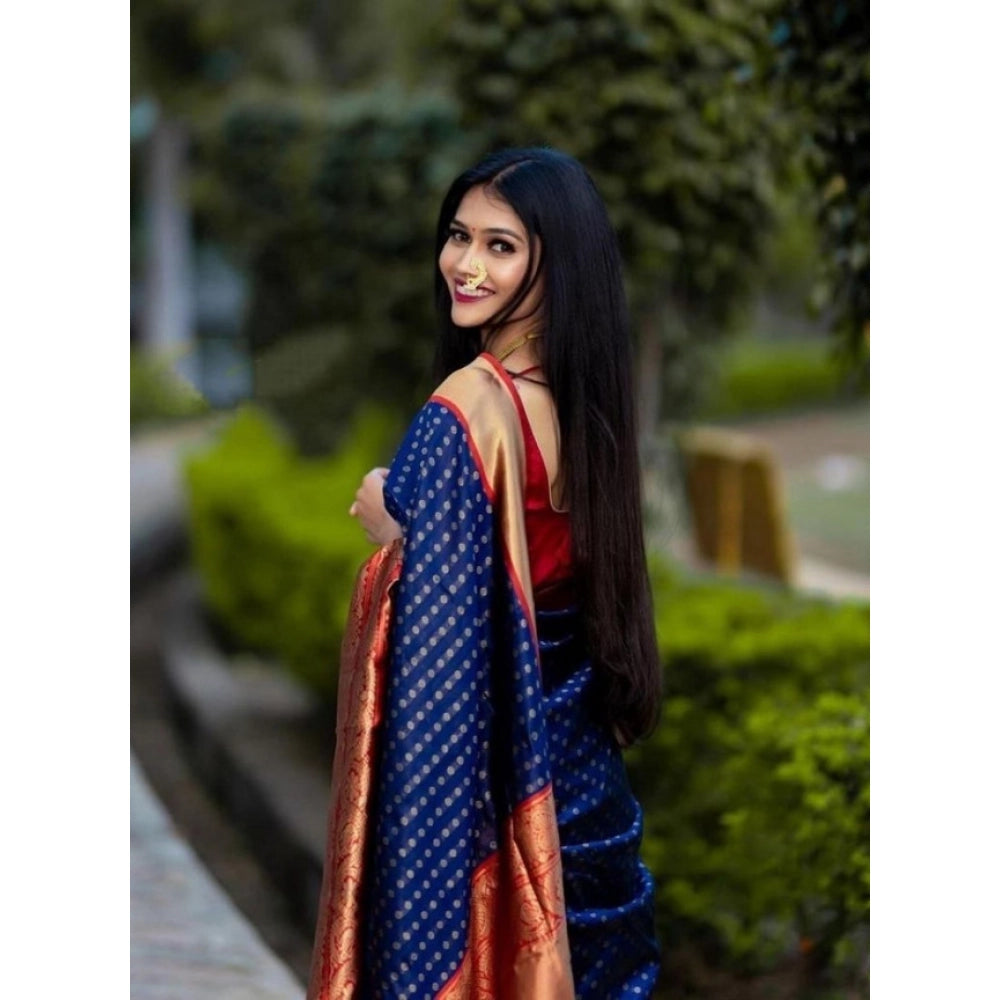 Litchi silk Printed Saree With Unstitched Blouse (Blue)