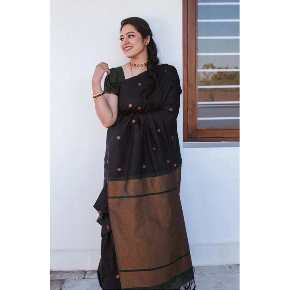 Litchi silk Printed Saree With Unstitched Blouse (Black)