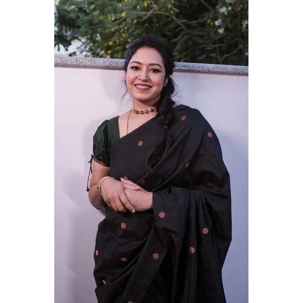 Litchi silk Printed Saree With Unstitched Blouse (Black)