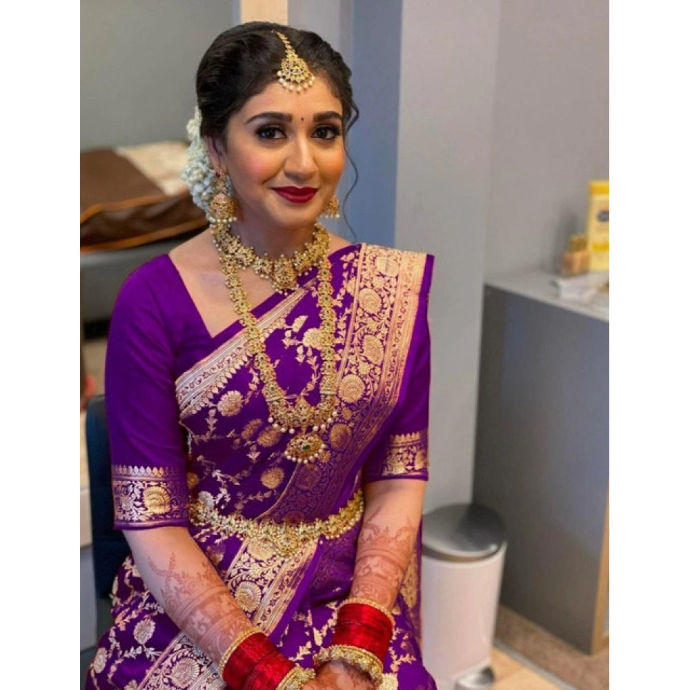 Litchi silk Printed Saree With Unstitched Blouse (Purple)