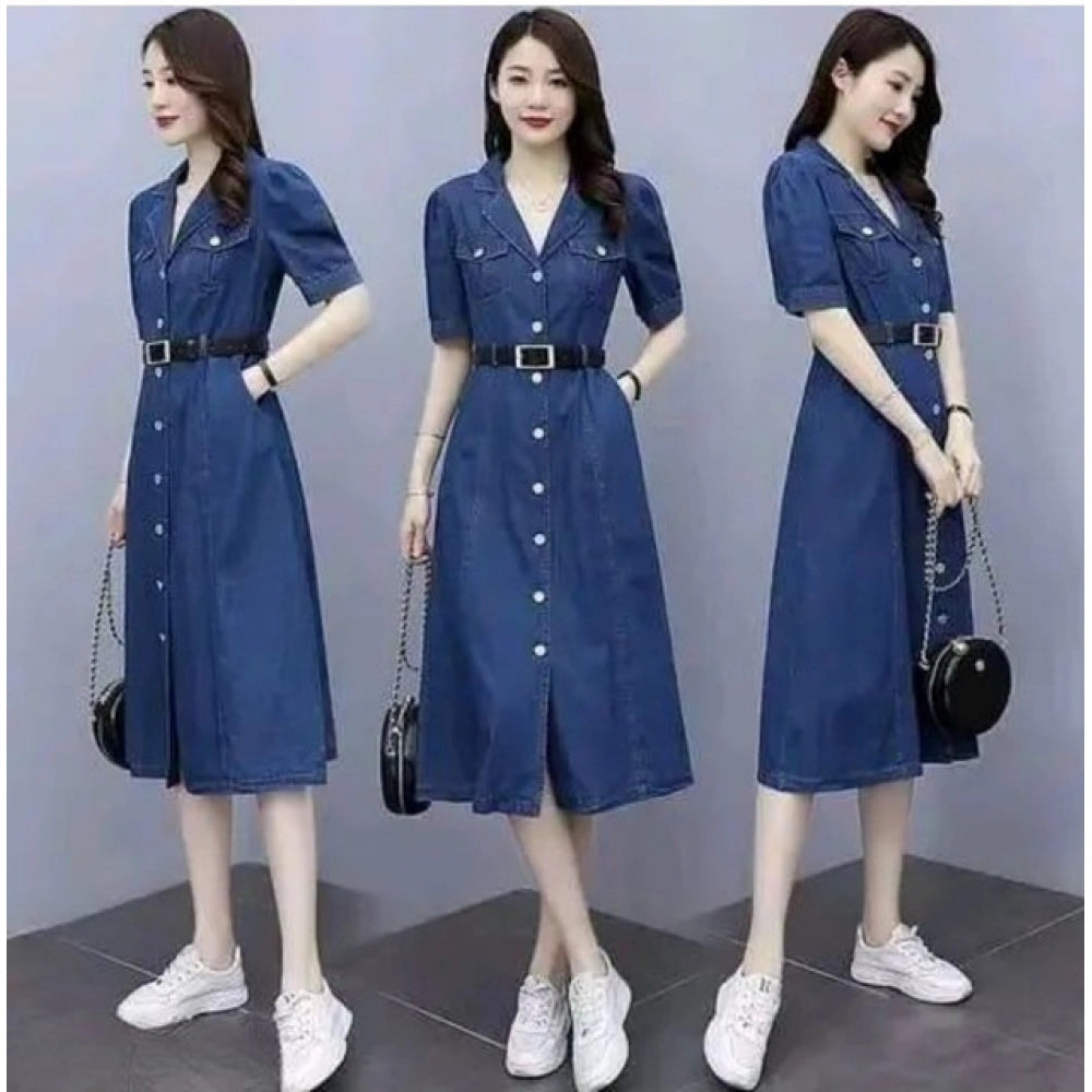 Casual Denim Half Sleeves Dress (Blue)