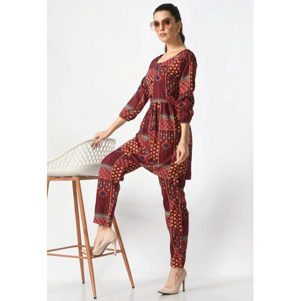 Casual Crepe 3-4th Sleeves Cord Set (Maroon)