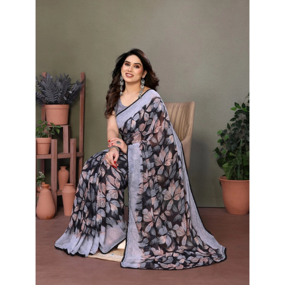 Chiffon Printed Saree With Unstitched Blouse 5.5Mtr (Pink)