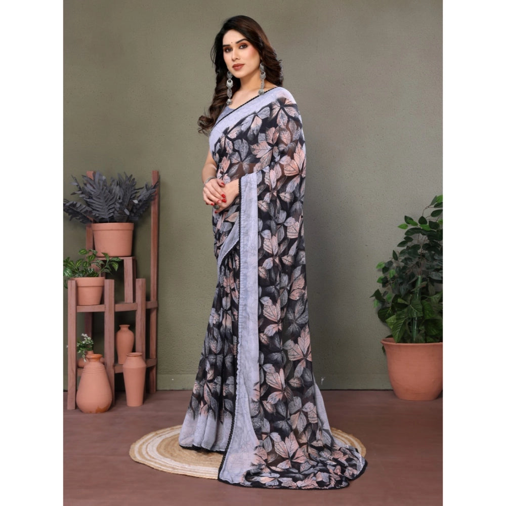 Chiffon Printed Saree With Unstitched Blouse 5.5Mtr (Pink)