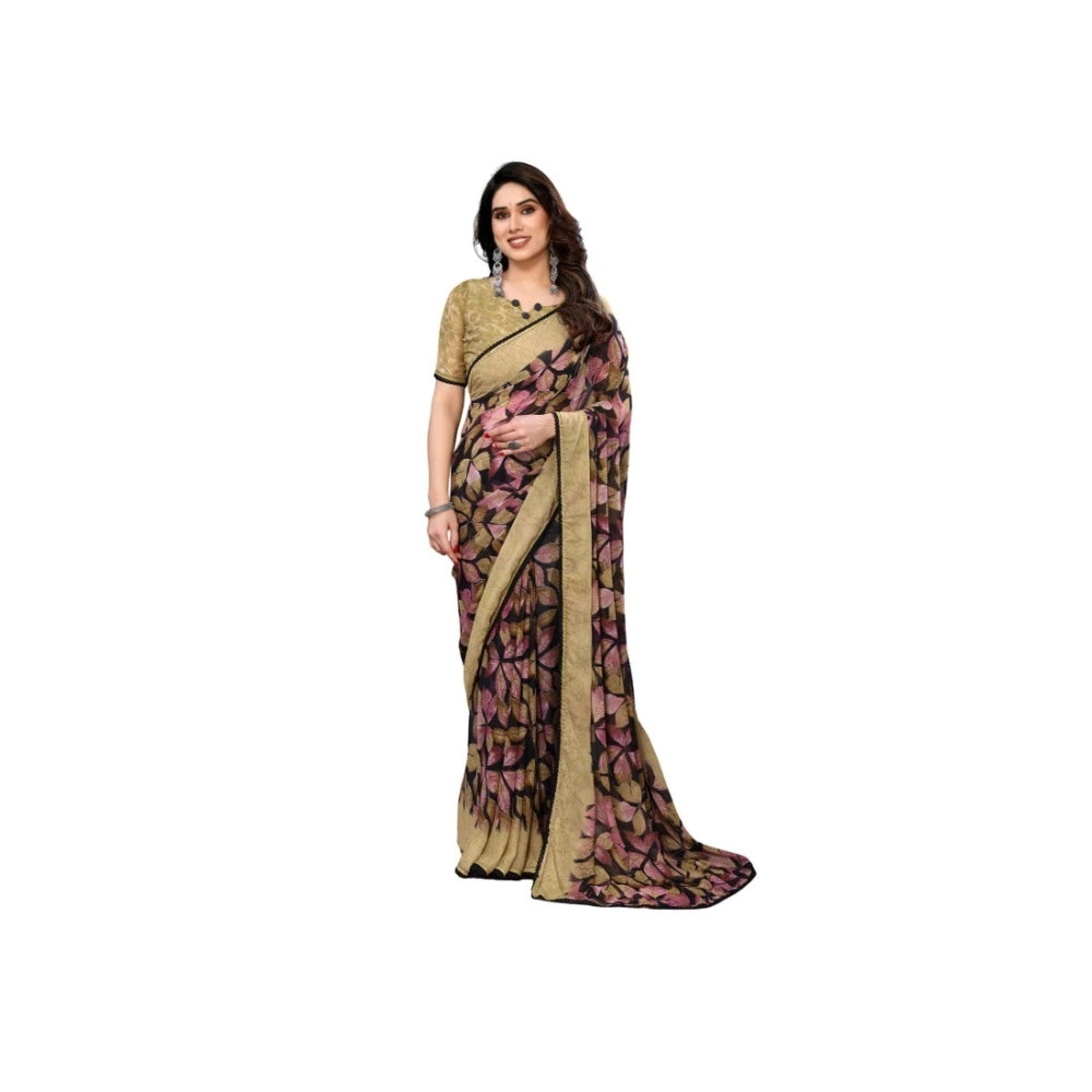 Chiffon Printed Saree With Unstitched Blouse 5.5Mtr (Pink)