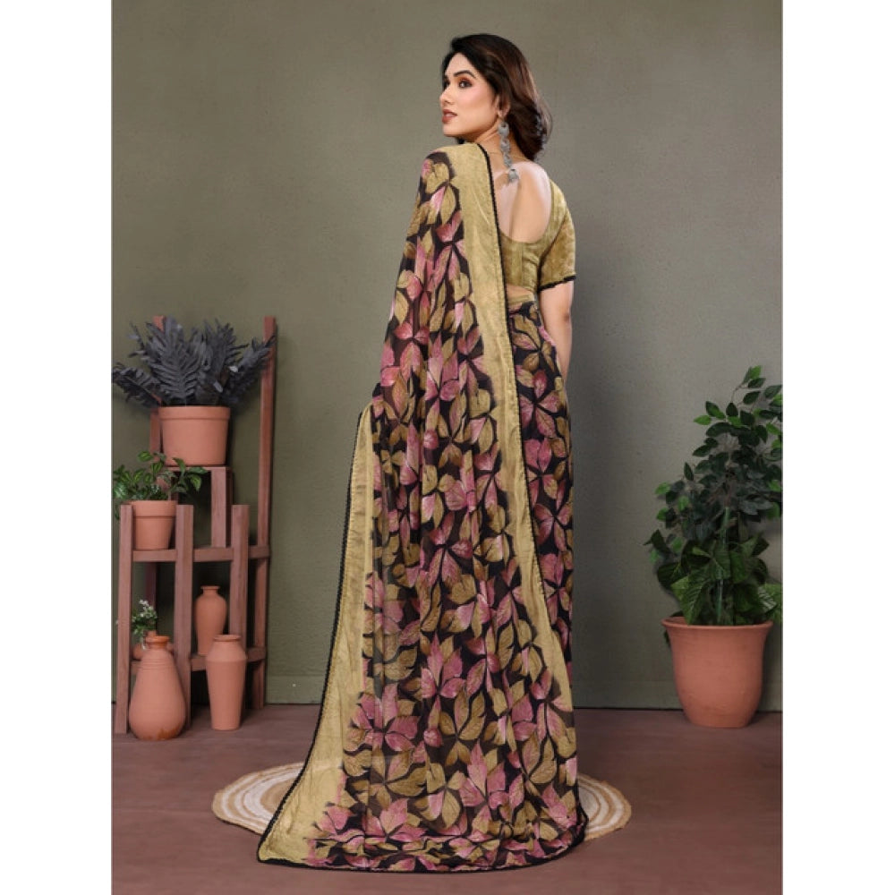 Chiffon Printed Saree With Unstitched Blouse 5.5Mtr (Pink)