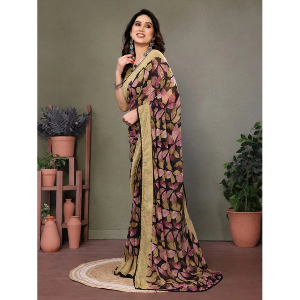 Chiffon Printed Saree With Unstitched Blouse 5.5Mtr (Pink)