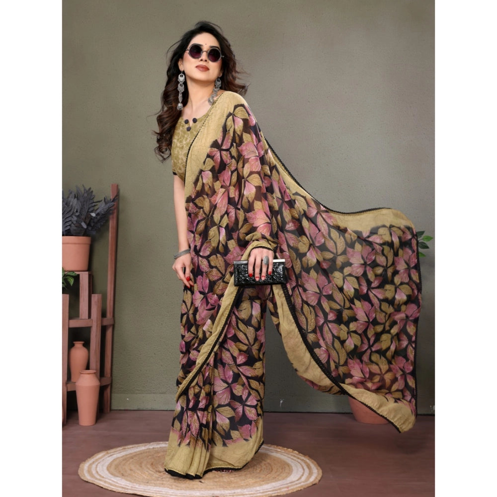 Chiffon Printed Saree With Unstitched Blouse 5.5Mtr (Pink)