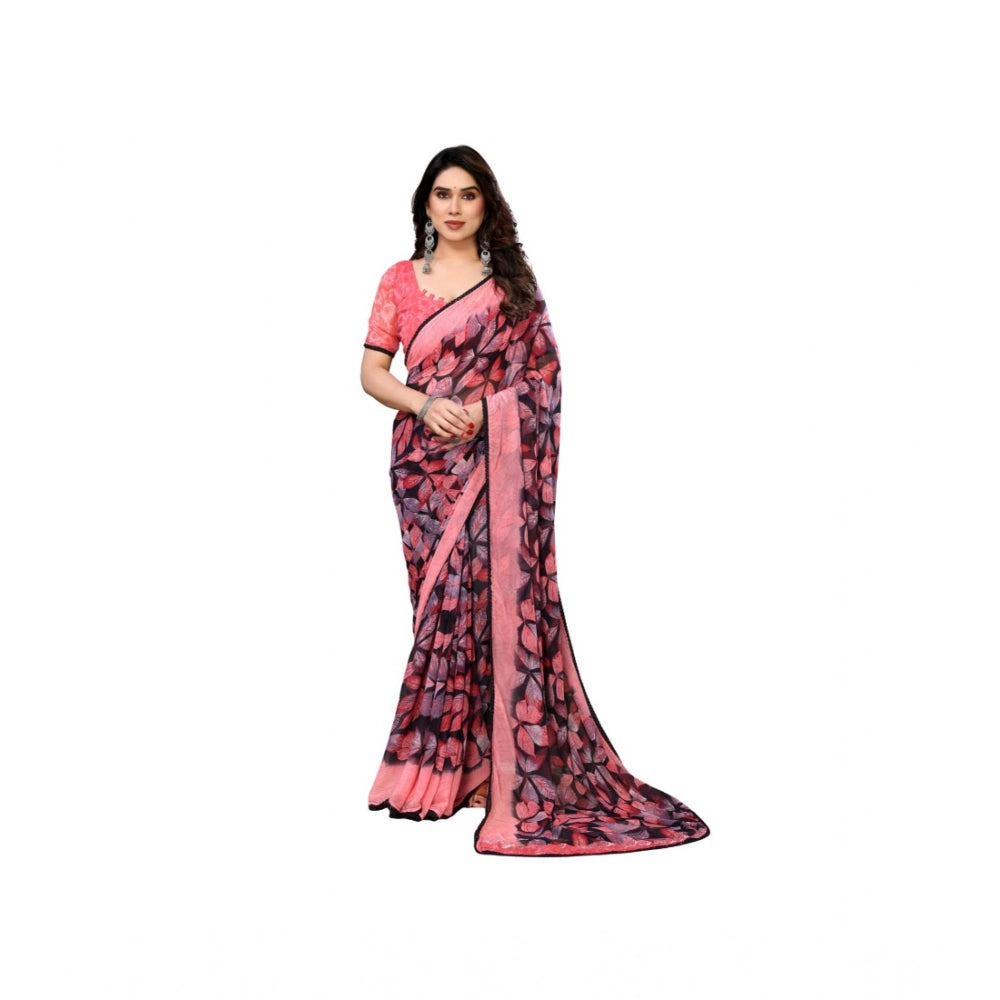 Chiffon Printed Saree With Unstitched Blouse 5.5Mtr (Pink)