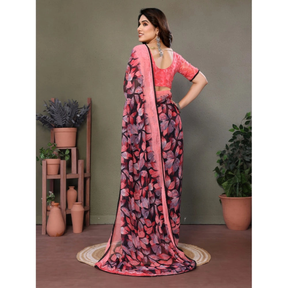 Chiffon Printed Saree With Unstitched Blouse 5.5Mtr (Pink)