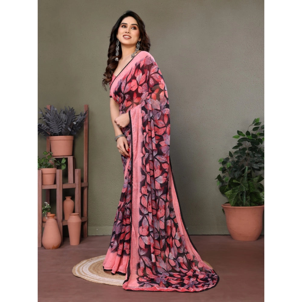 Chiffon Printed Saree With Unstitched Blouse 5.5Mtr (Pink)