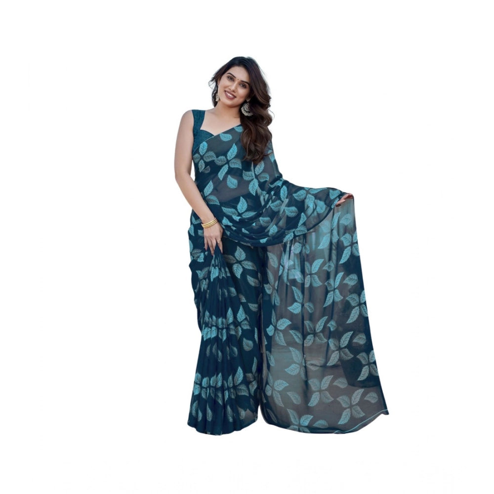 Chiffon Printed Saree With Unstitched Blouse 5.5Mtr (Black)