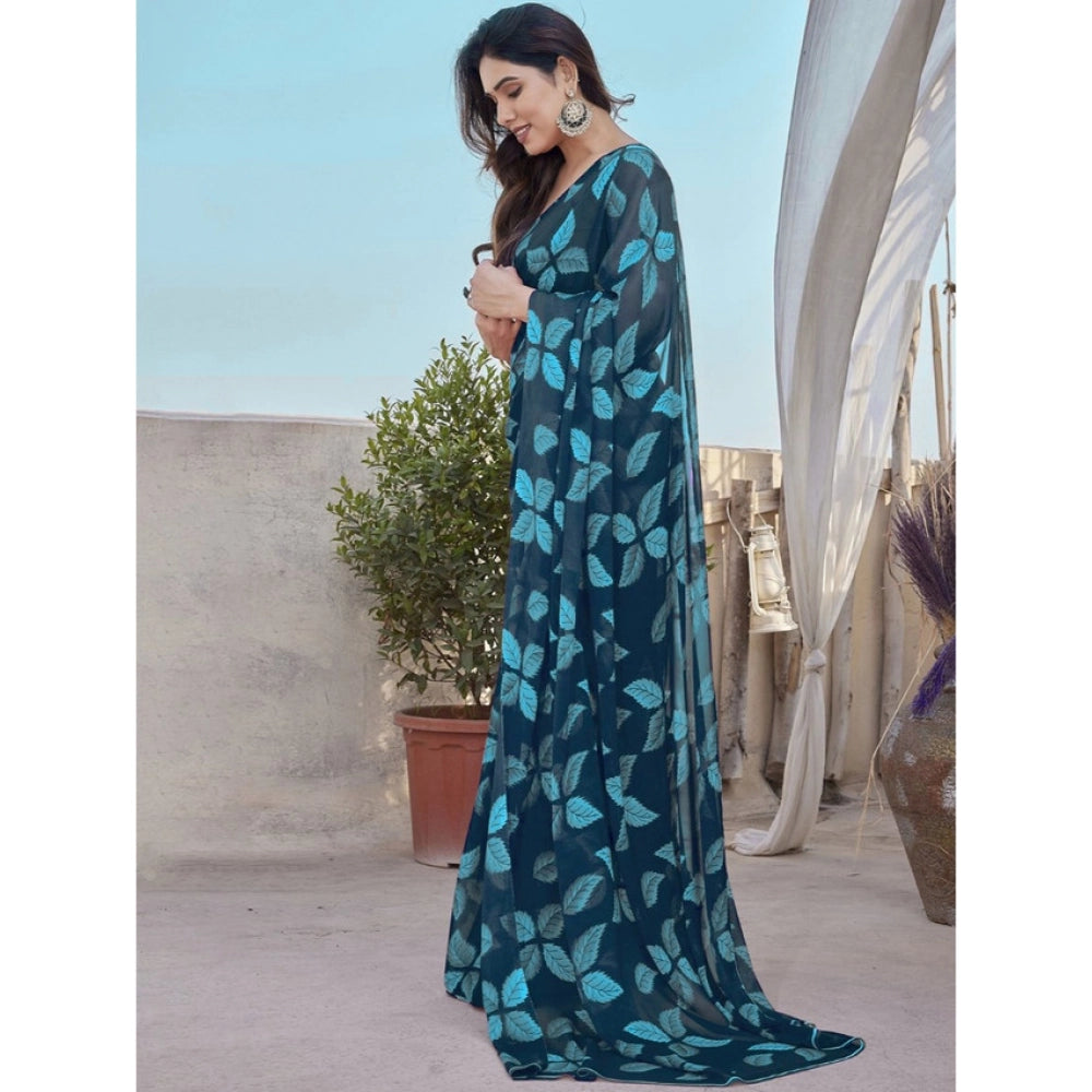 Chiffon Printed Saree With Unstitched Blouse 5.5Mtr (Black)