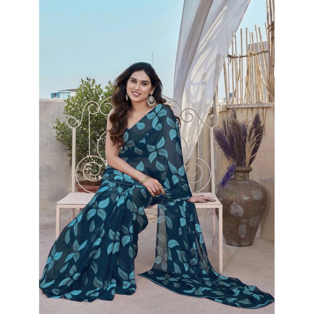 Chiffon Printed Saree With Unstitched Blouse 5.5Mtr (Black)