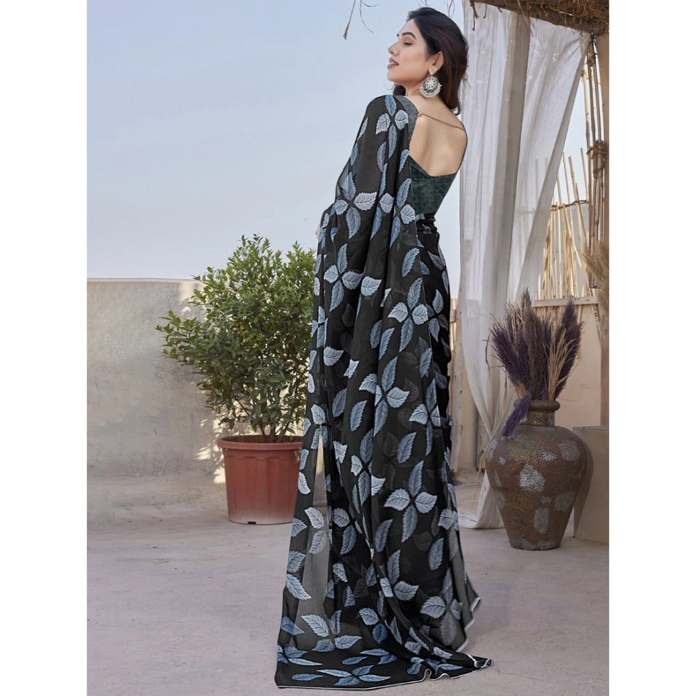 Chiffon Printed Saree With Unstitched Blouse 5.5Mtr (Black)