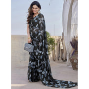 Chiffon Printed Saree With Unstitched Blouse 5.5Mtr (Black)