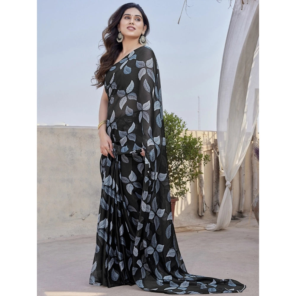 Chiffon Printed Saree With Unstitched Blouse 5.5Mtr (Black)