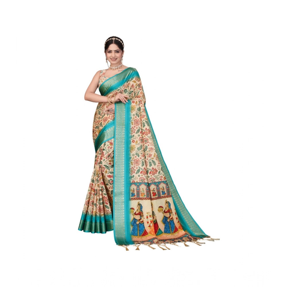 Cotton Silk Printed Saree With Unstitched Blouse 5.5Mtr (Sky Blue)