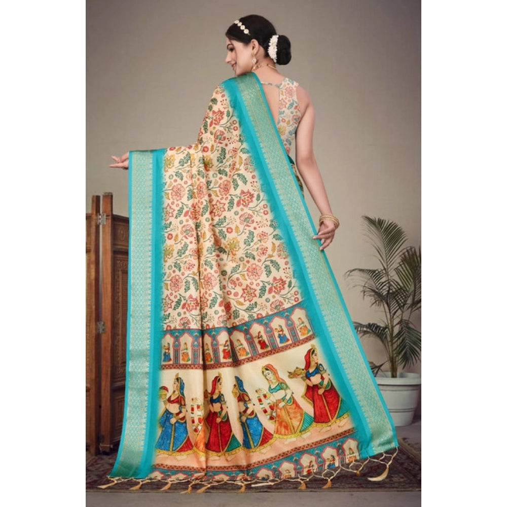 Cotton Silk Printed Saree With Unstitched Blouse 5.5Mtr (Sky Blue)