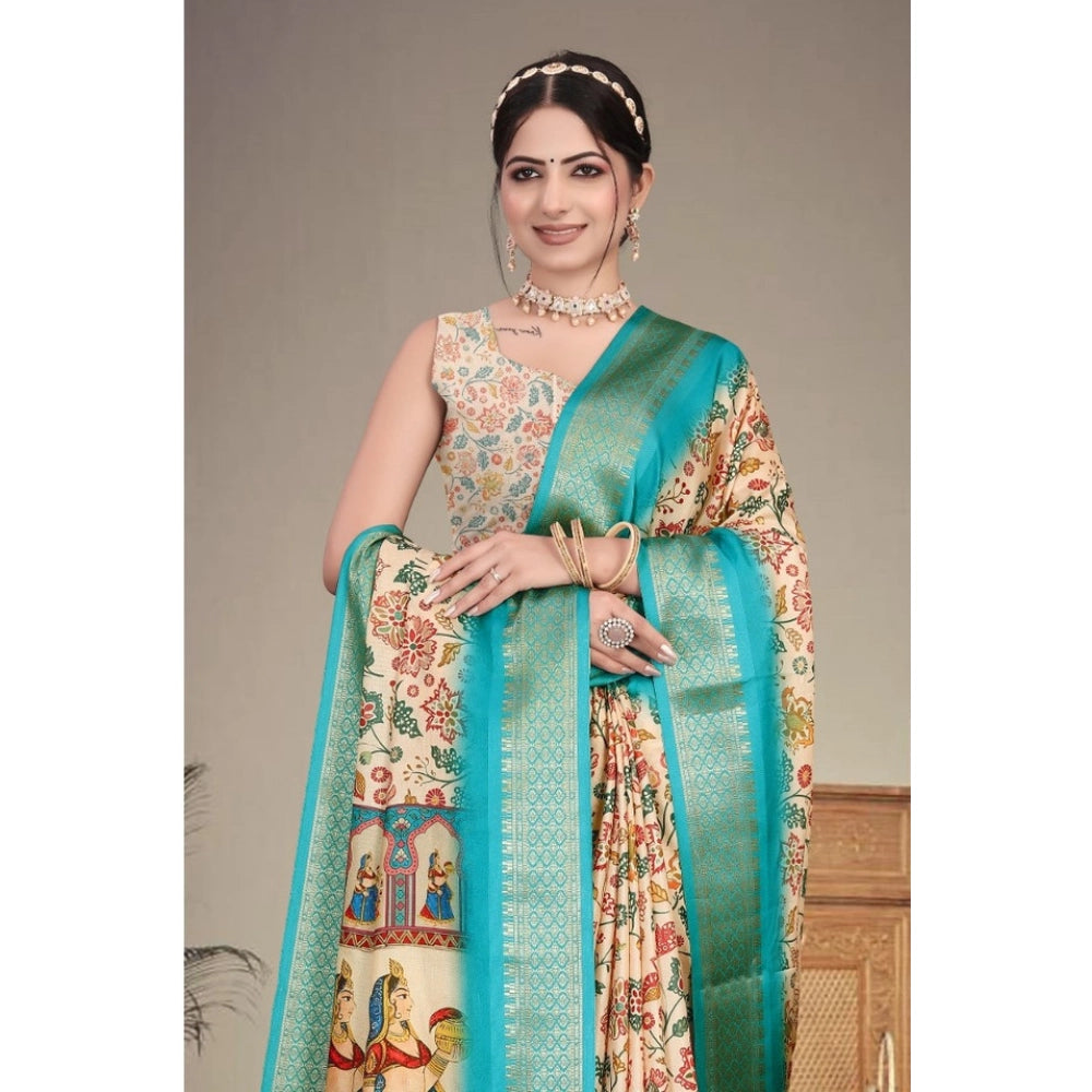 Cotton Silk Printed Saree With Unstitched Blouse 5.5Mtr (Sky Blue)