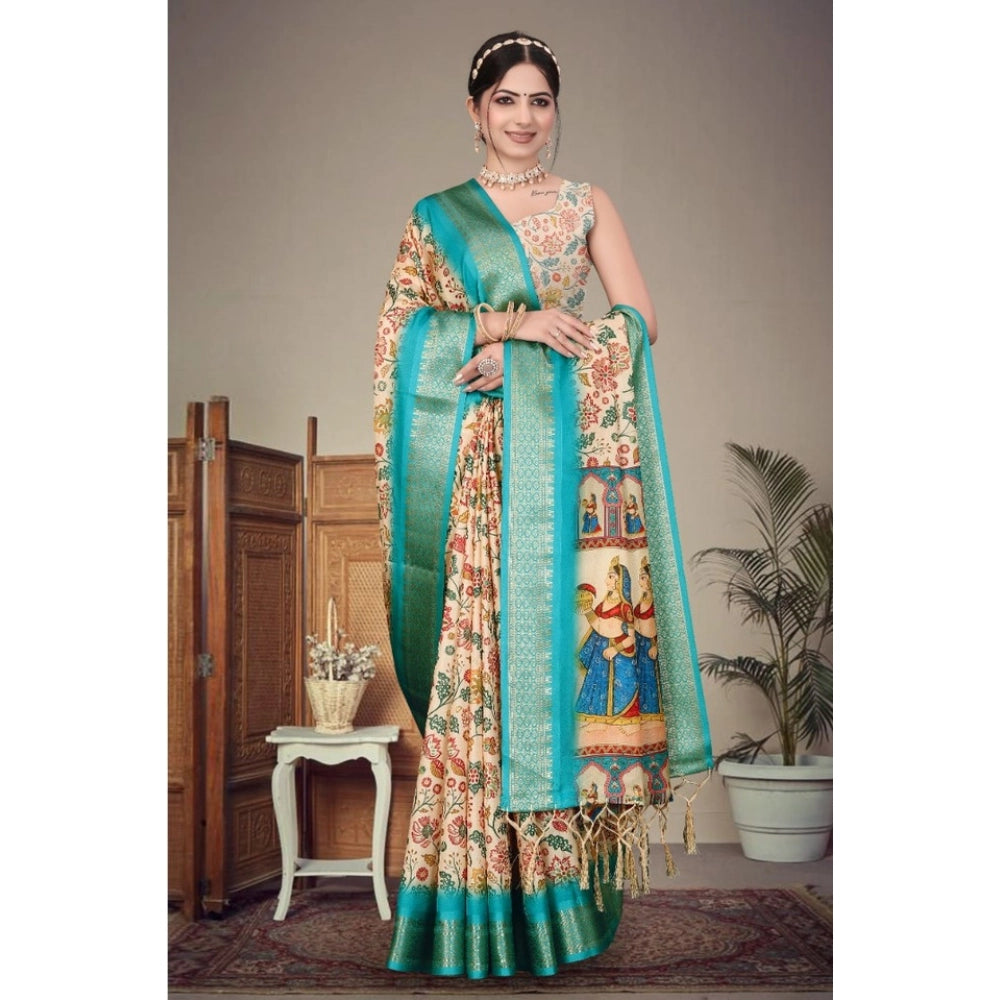 Cotton Silk Printed Saree With Unstitched Blouse 5.5Mtr (Sky Blue)